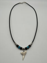 Load image into Gallery viewer, White Mako Shark Tooth Necklace Blue and Black Speckled Beads
