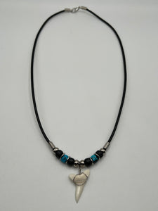 White Mako Shark Tooth Necklace Blue and Black Speckled Beads