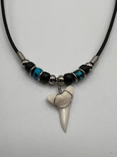 Load image into Gallery viewer, White Mako Shark Tooth Necklace Blue and Black Speckled Beads
