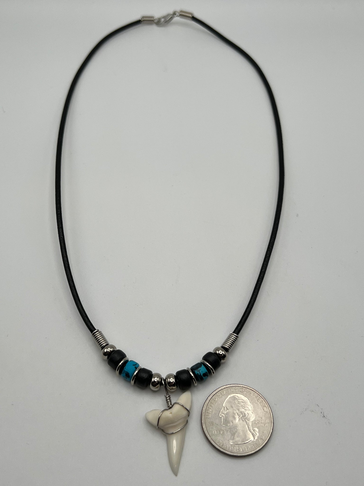 White Mako Shark Tooth Necklace Blue and Black Speckled Beads – Real ...