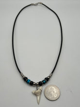 Load image into Gallery viewer, White Mako Shark Tooth Necklace Blue and Black Speckled Beads
