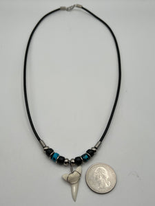 White Mako Shark Tooth Necklace Blue and Black Speckled Beads