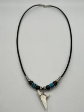 Load image into Gallery viewer, White Mako Shark Tooth Necklace Blue and Black Speckled Beads
