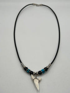 White Mako Shark Tooth Necklace Blue and Black Speckled Beads