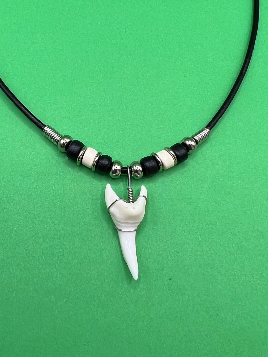 White Shark Tooth Necklace With 3 Bead Design Black and White