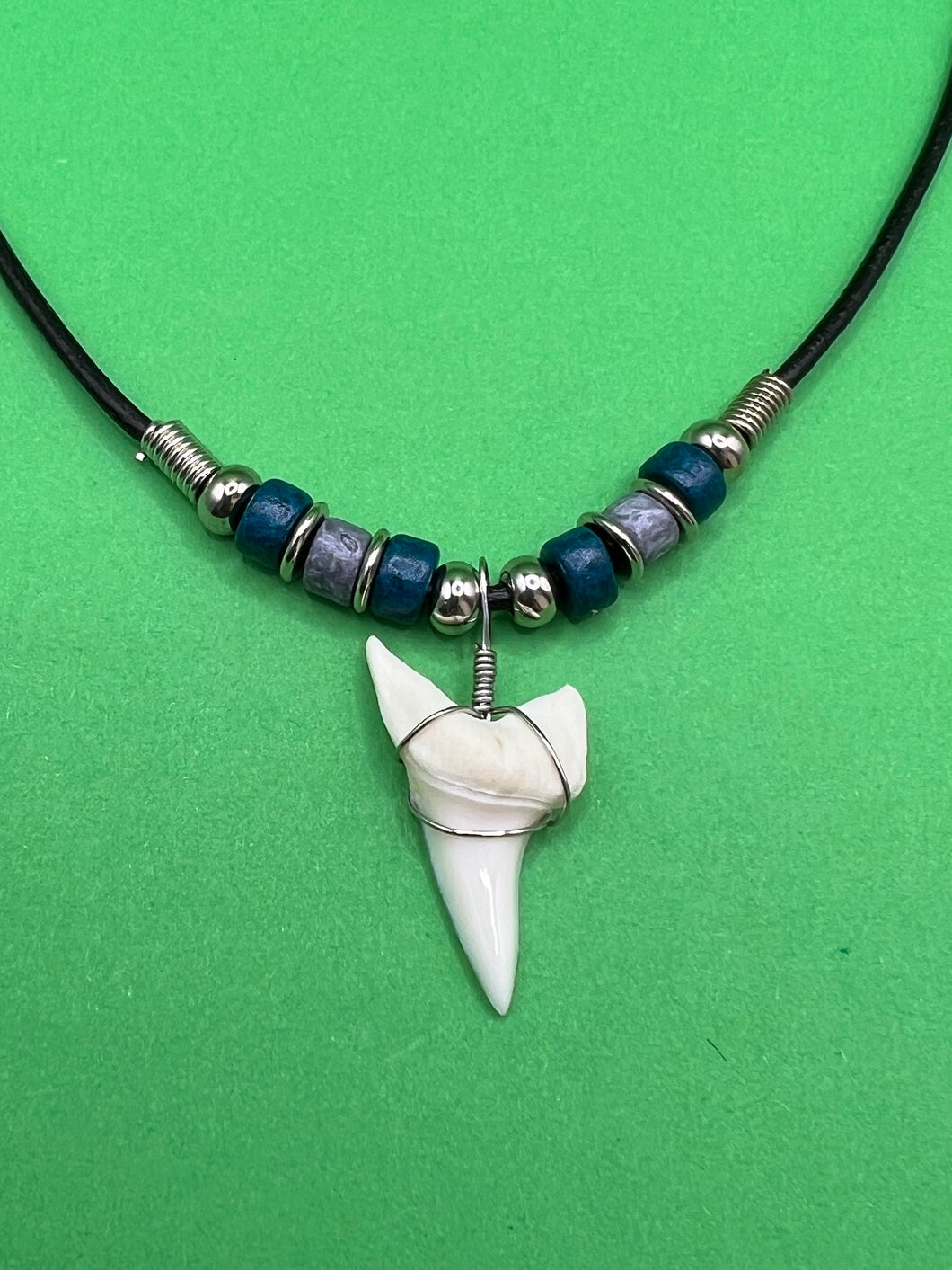 White Shark Tooth Necklace With 3 Bead Design Dark Blue and Gray