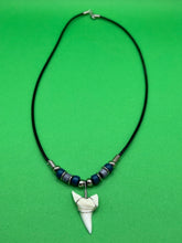 Load image into Gallery viewer, White Shark Tooth Necklace With 3 Bead Design Dark Blue and Gray
